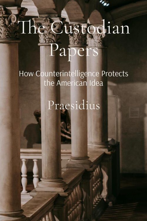 Cover of The Custodian Papers, showing a colonnade of classical stone columns in warm light
