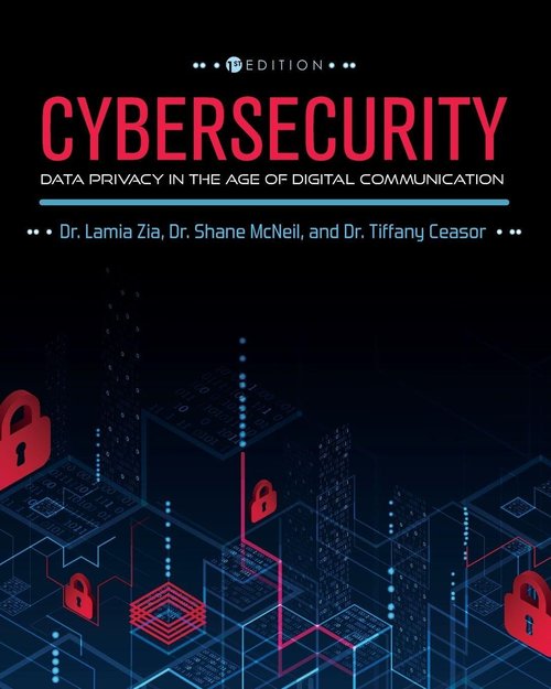 Cover of Cybersecurity: Data Privacy in the Age of Digital Communication, showing an abstract blue circuit cityscape with red padlock icons