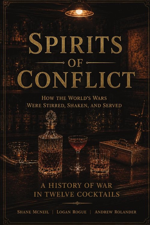 Cover of Spirits of Conflict, showing a decanter and cocktail glasses on a dark bar in warm lamplight