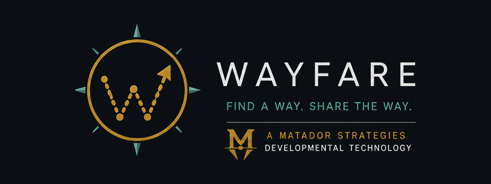 Wayfare logo: a compass rose enclosing a stylised W, beside the wordmark WAYFARE and the tagline Find a way, share the way